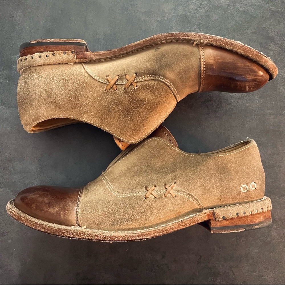 Womens bed-Stu cap toe slip on oxfords shoes rustic tan suede size 8.5